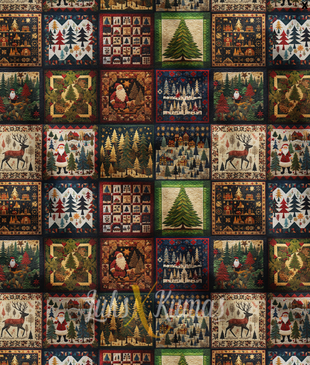 Yeşil Yılbaşı Patchwork Desenli Kumaş