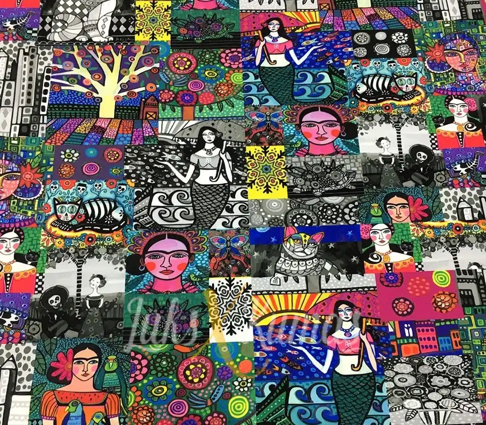 Siyah Beyazlı Patchwork Frida Desenli Kumaş