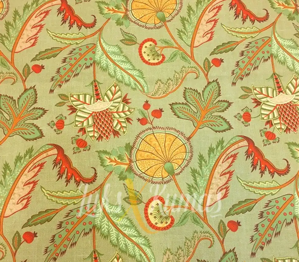 Haki Retro Çiçek Desenli Kumaş