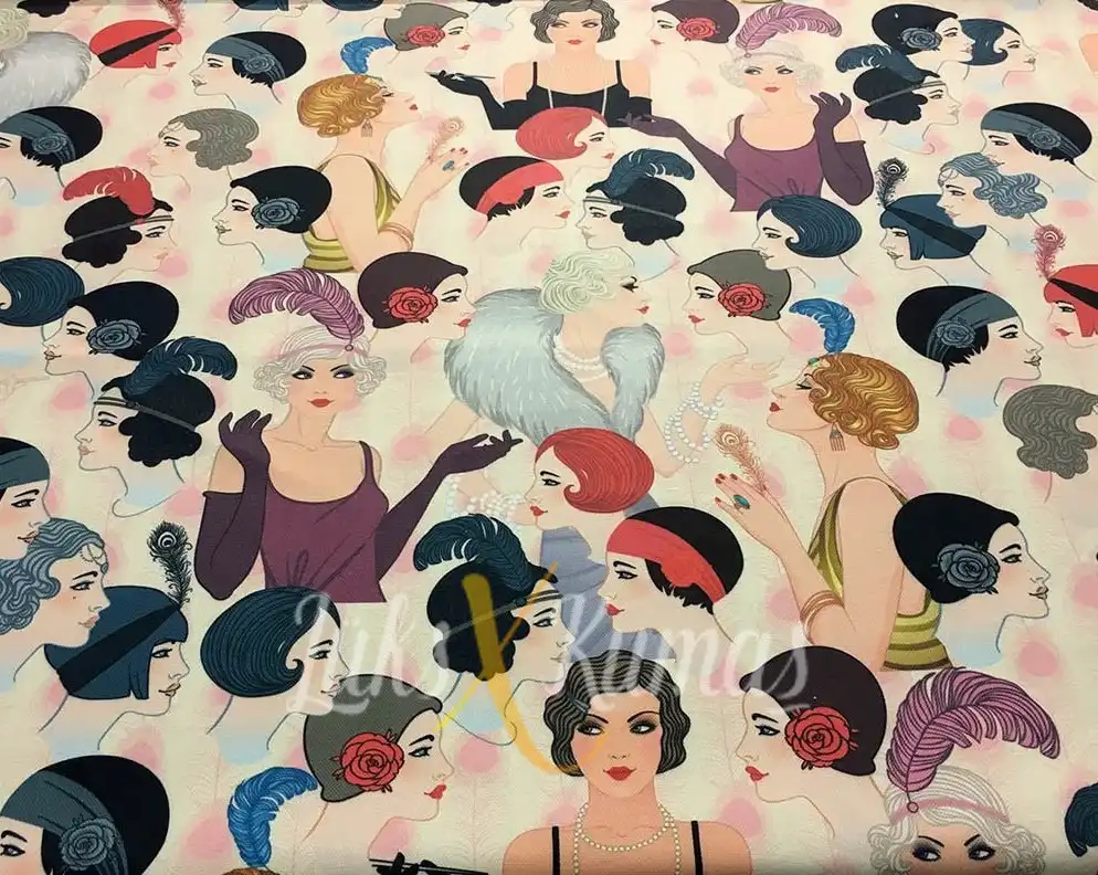 Vintage Süslü Kadınlar Desenli Kumaş